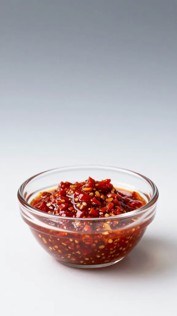 Small glass ramekin of red chimichurri, studio light