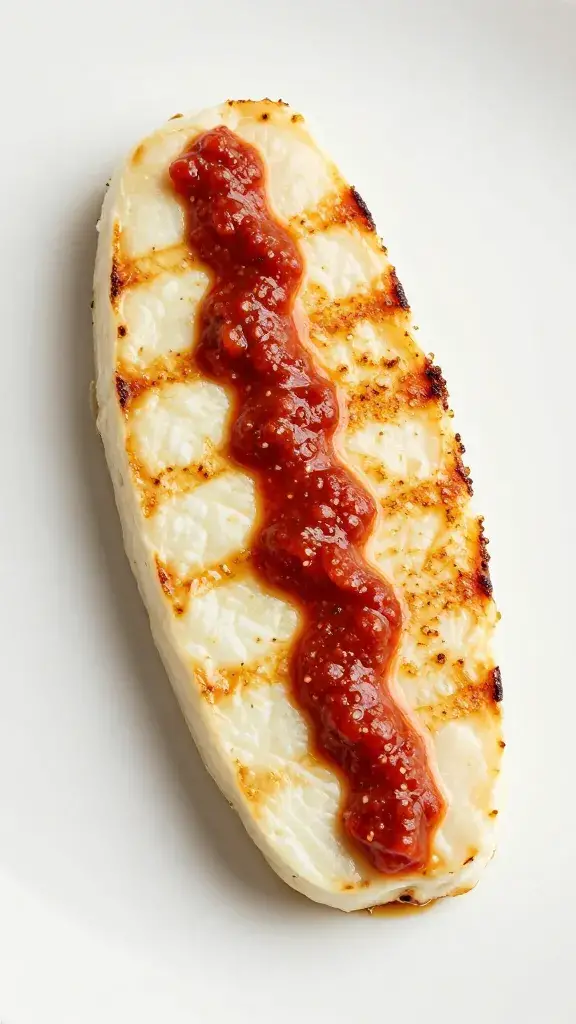 Single grilled halloumi slice with red chimichurri stripe