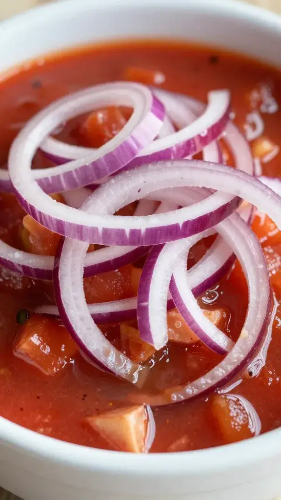 closeup bowl of salsa criolla with razor-thin red onions