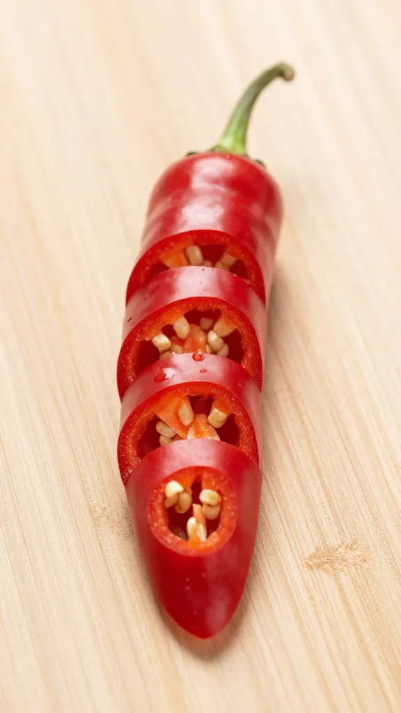 single red chili sliced into rings on cutting board