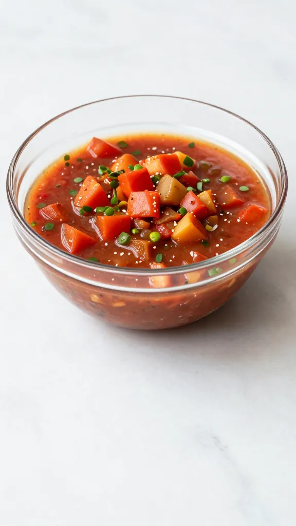 glass mixing bowl of salsa criolla on white marble