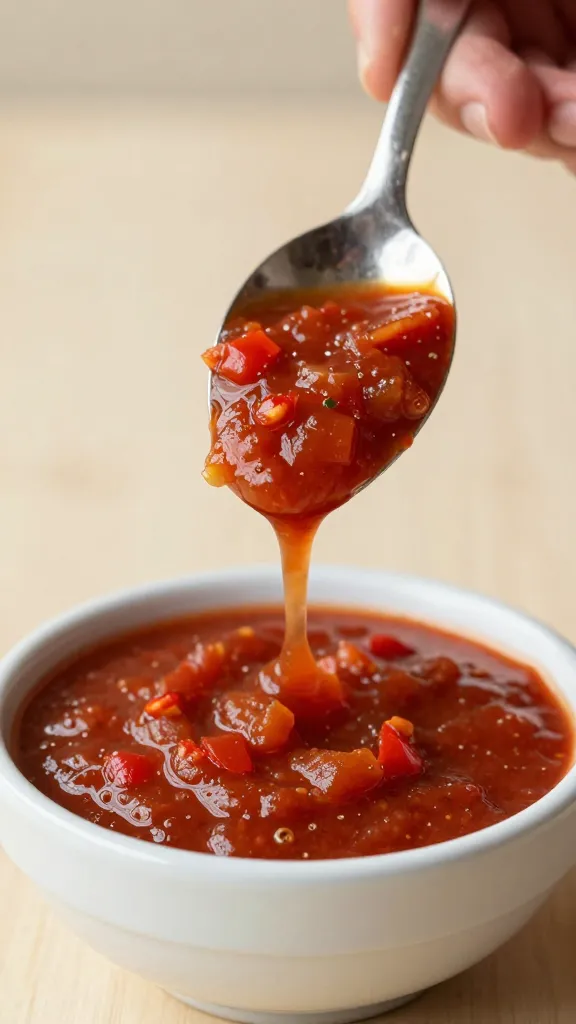 spoonful of salsa criolla held above bowl