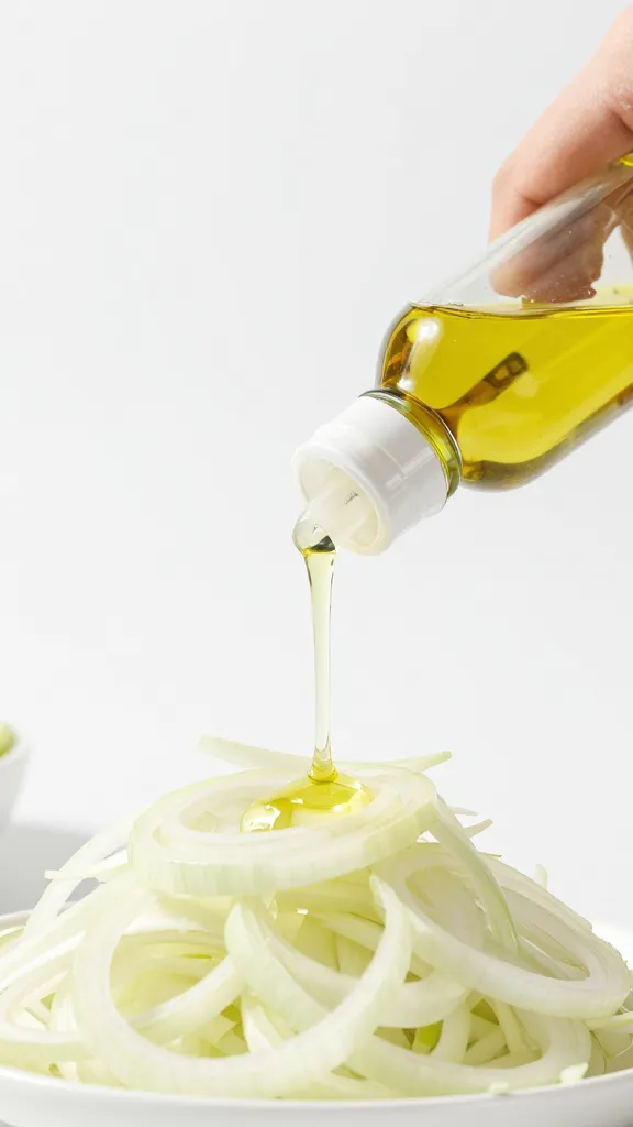 small squeeze bottle drizzling oil into onion salad