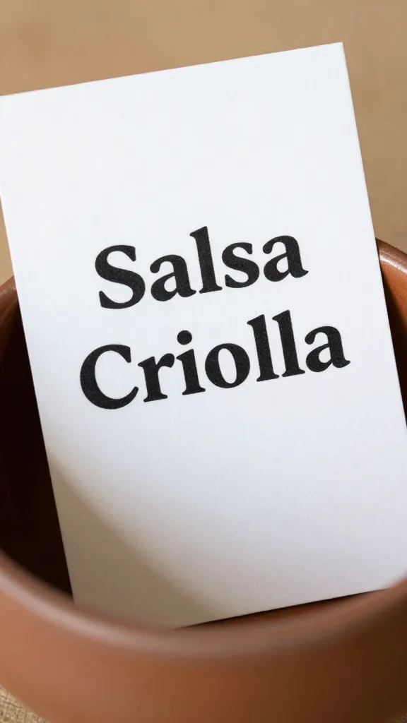 closeup label card reading “Salsa Criolla” beside bowl
