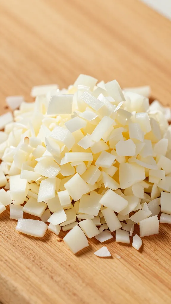 finely chopped fresh garlic mound on wooden board, macro