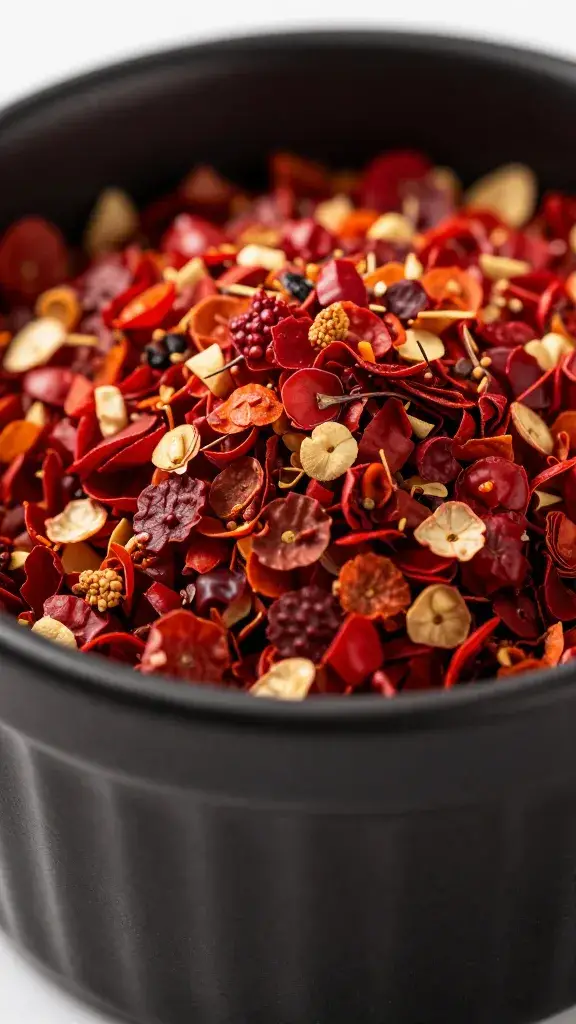 red pepper flakes in matte black ramekin, tight macro