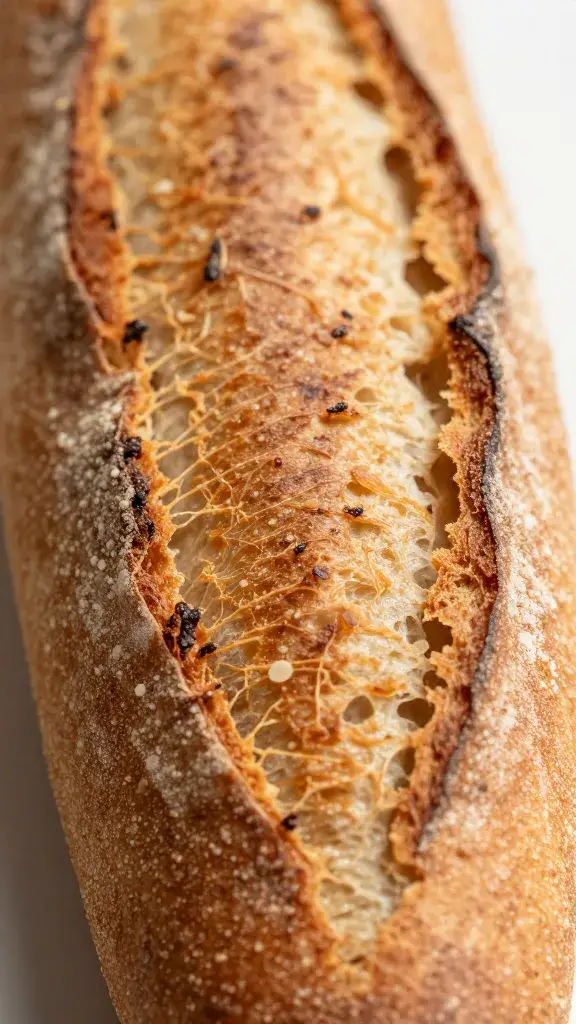 crusty baguette end with torn crumb, extreme closeup