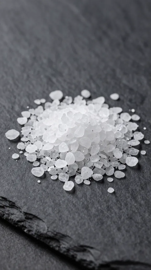 sea salt flakes on slate surface, raking light macro