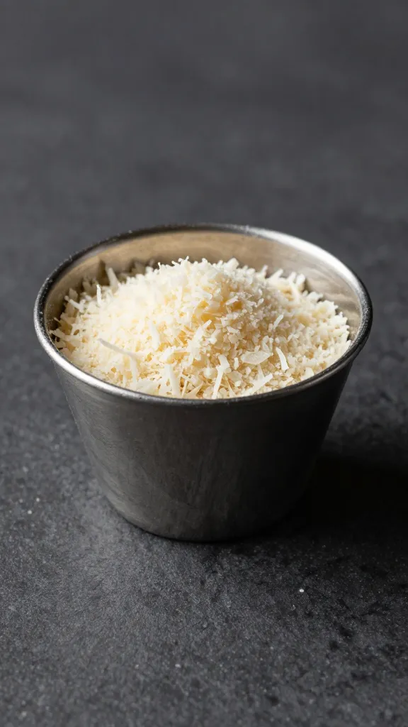 grated parmesan nest in tiny stainless prep cup