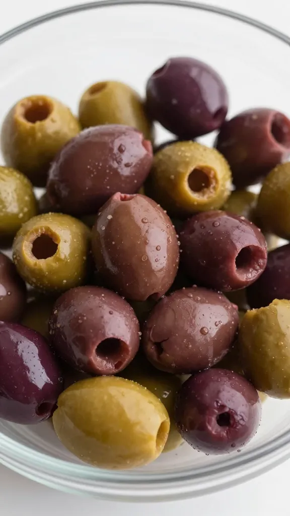 chopped kalamata olives in glass prep bowl, closeup