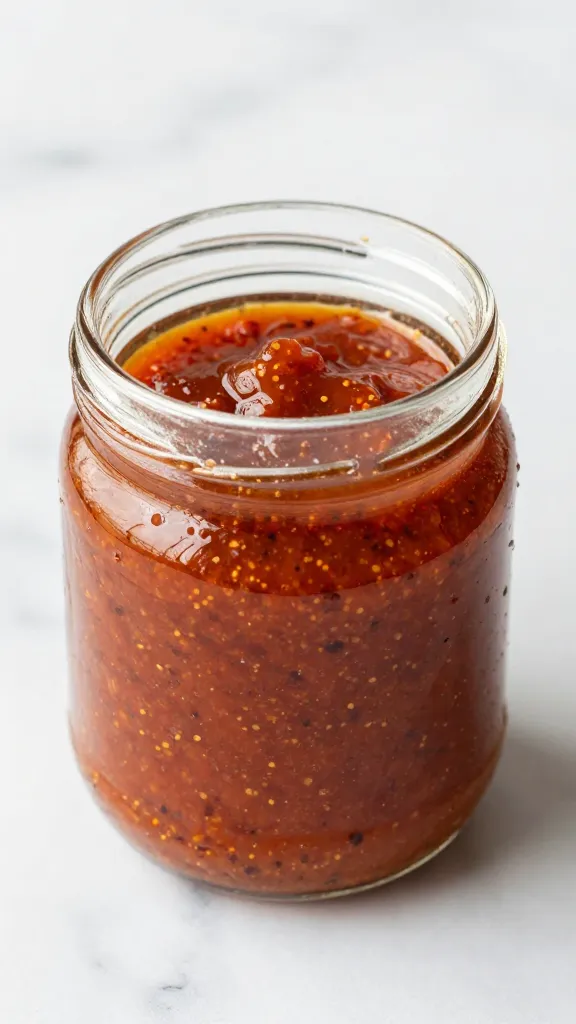 glass jar of peri peri sauce on marble