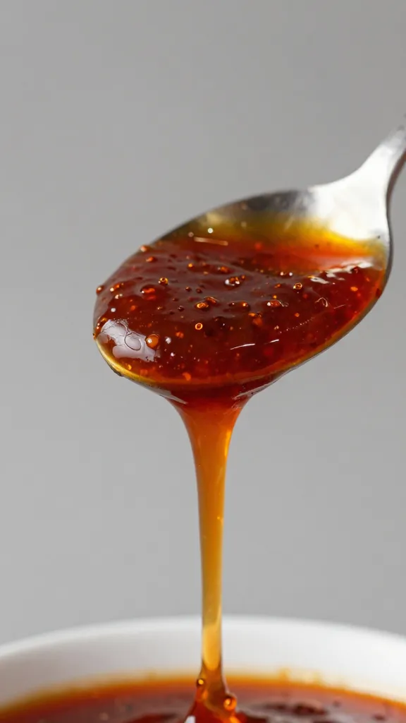 closeup spoonful of peri peri sauce dripping