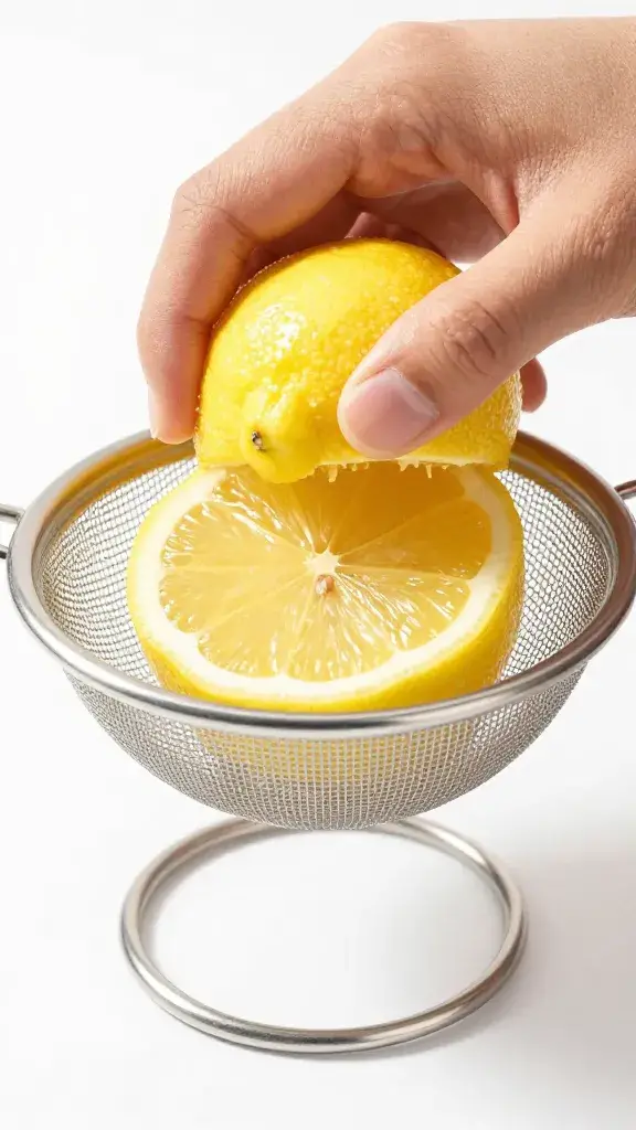 lemon half squeezed over stainless strainer