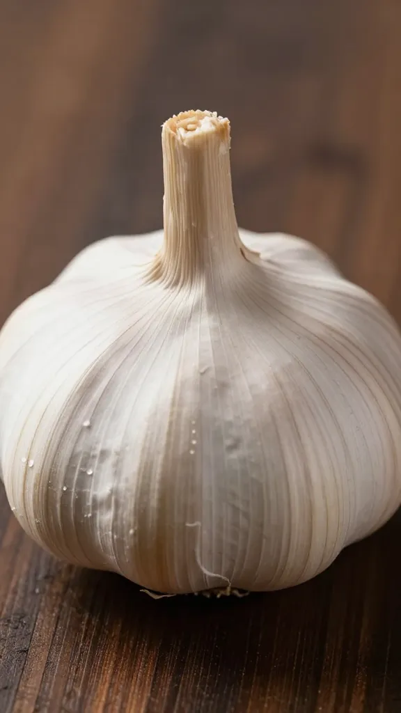 garlic bulb closeup on dark wood
