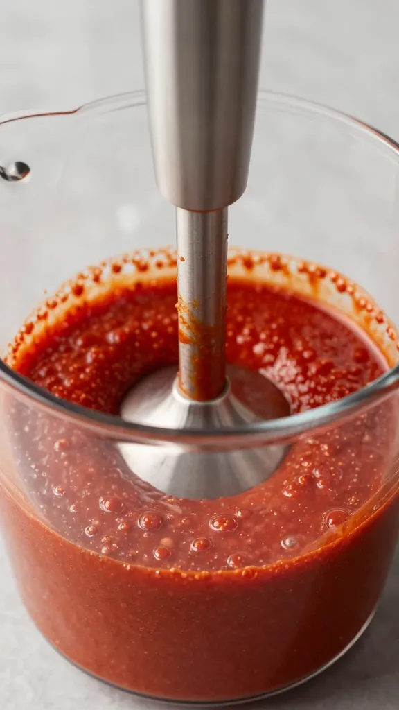 immersion blender blending red sauce in beaker
