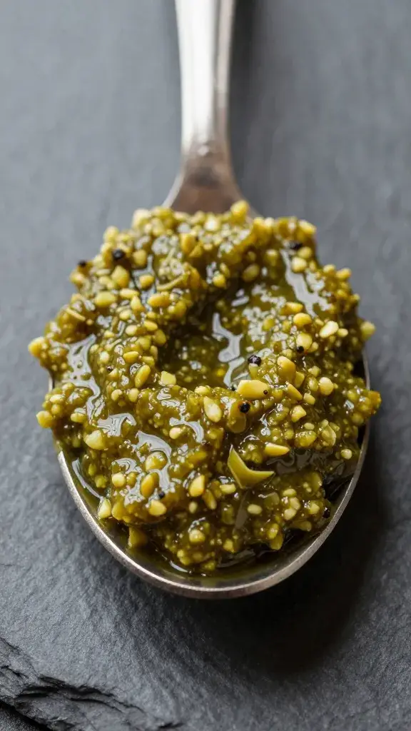 spoonful of chunky green olive tapenade against slate background