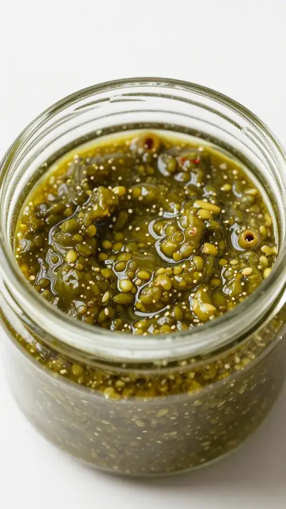 glass jar of green olive tapenade with tight overhead shot
