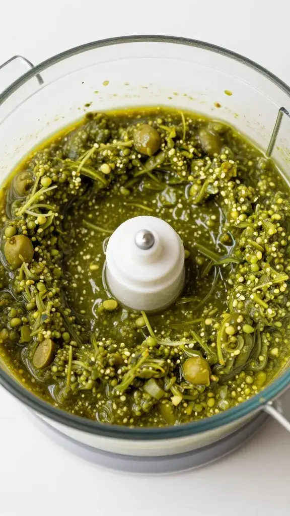 food processor bowl filled with blended green olive tapenade