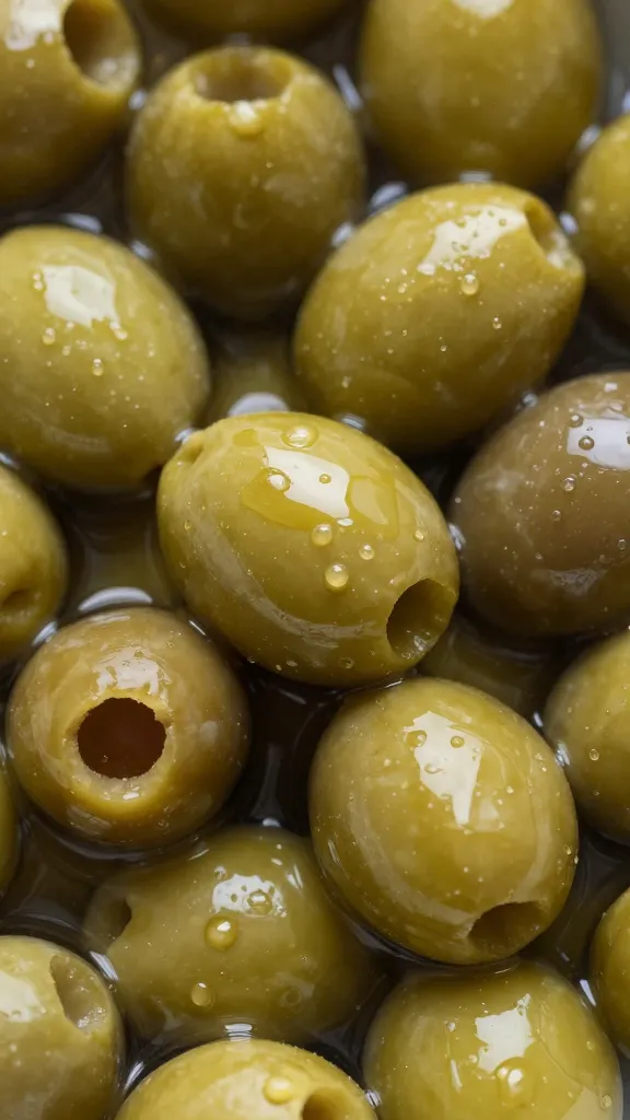 closeup of Castelvetrano olives glistening in brine