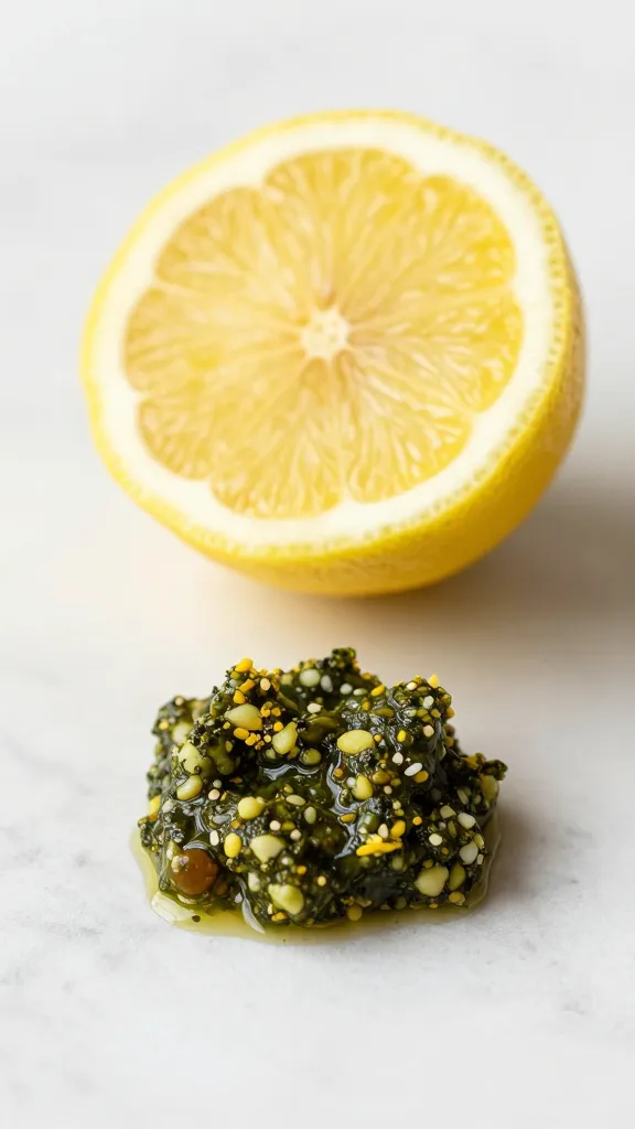 lemon half zested beside tiny mound of tapenade