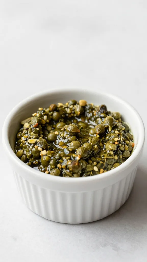 small ramekin of tapenade with visible capers and garlic