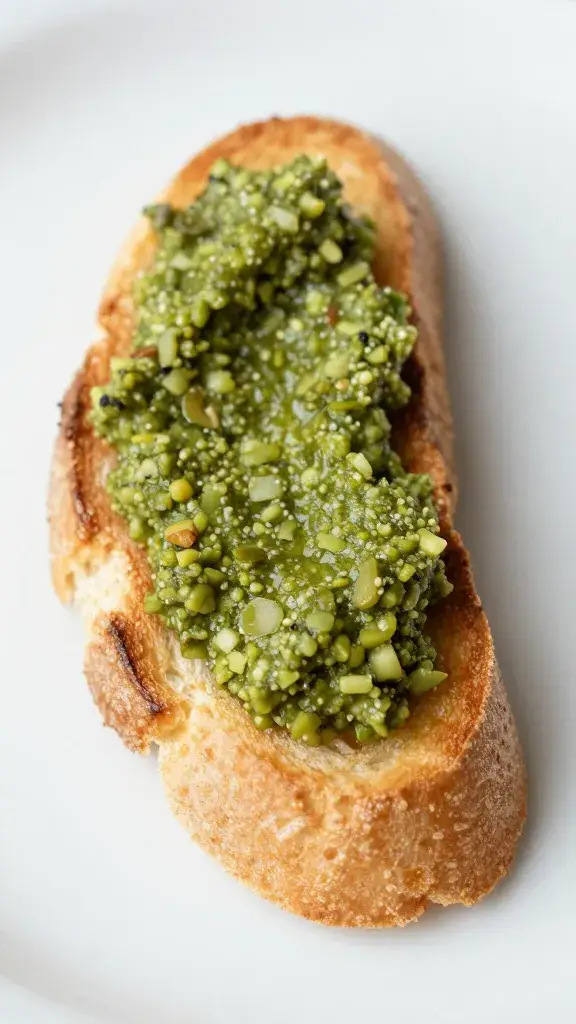 toasted crostini crowned with smooth green olive tapenade