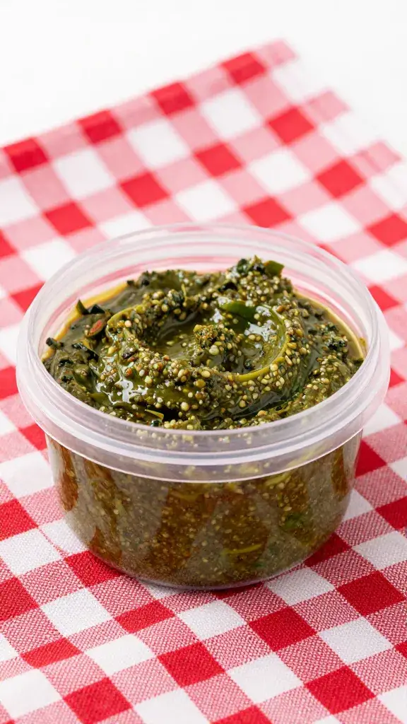 picnic-ready sealed container of tapenade on gingham cloth