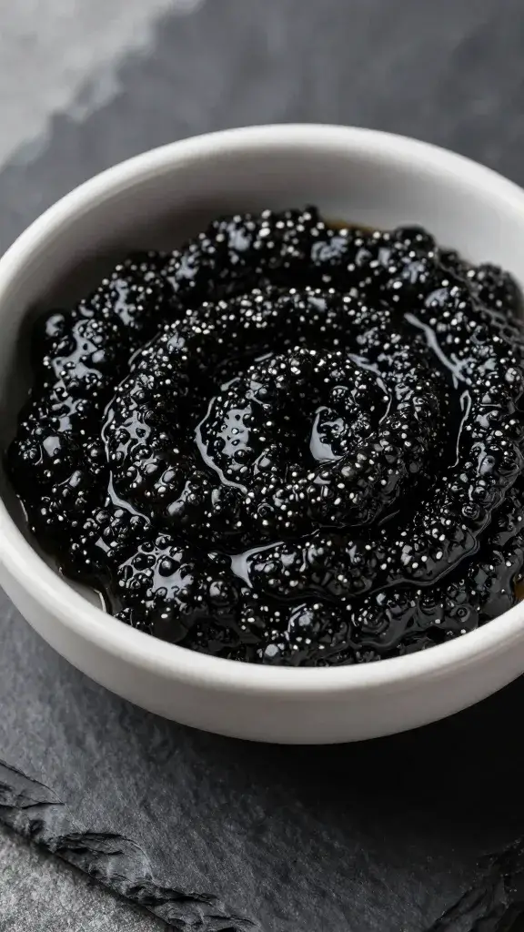 closeup bowl of black olive tapenade on slate board