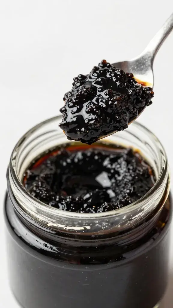 spoonful of black olive tapenade held over jar