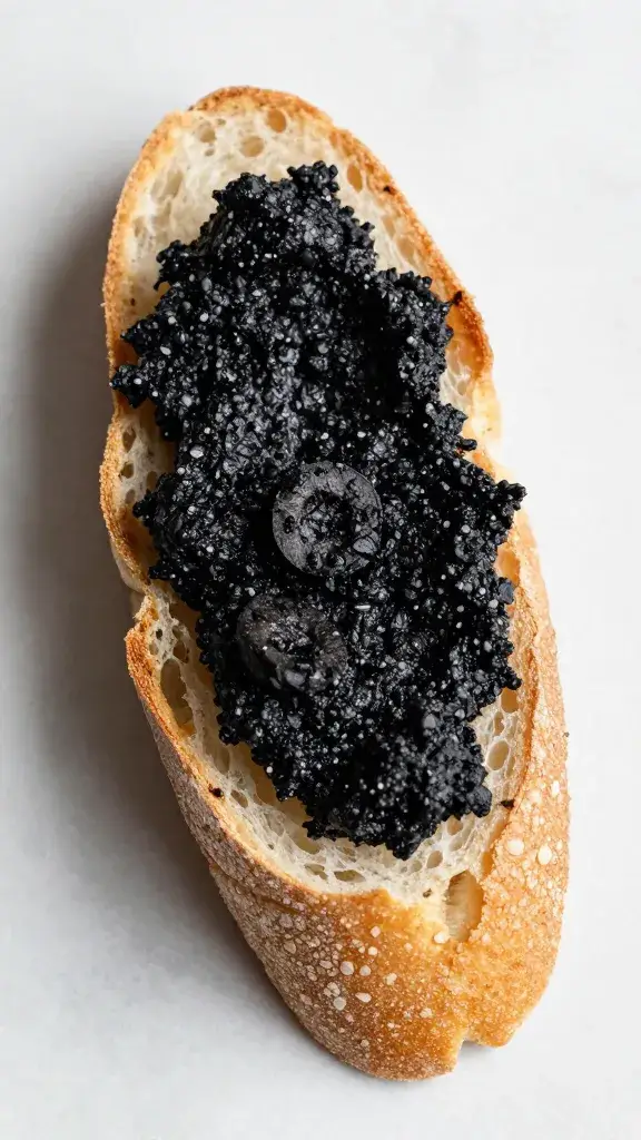 slice of baguette topped with black olive tapenade