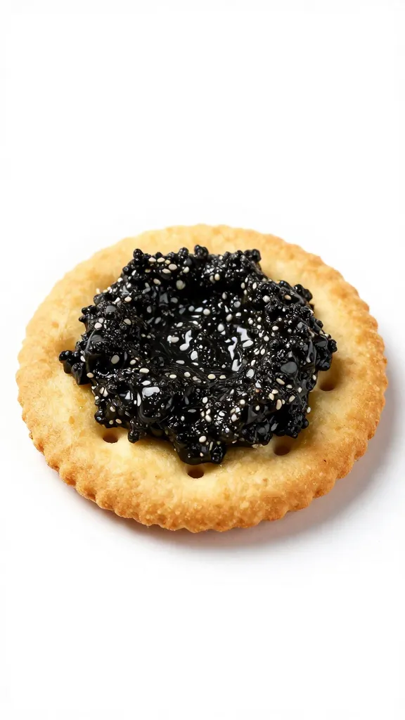 single cracker crowned with black olive tapenade