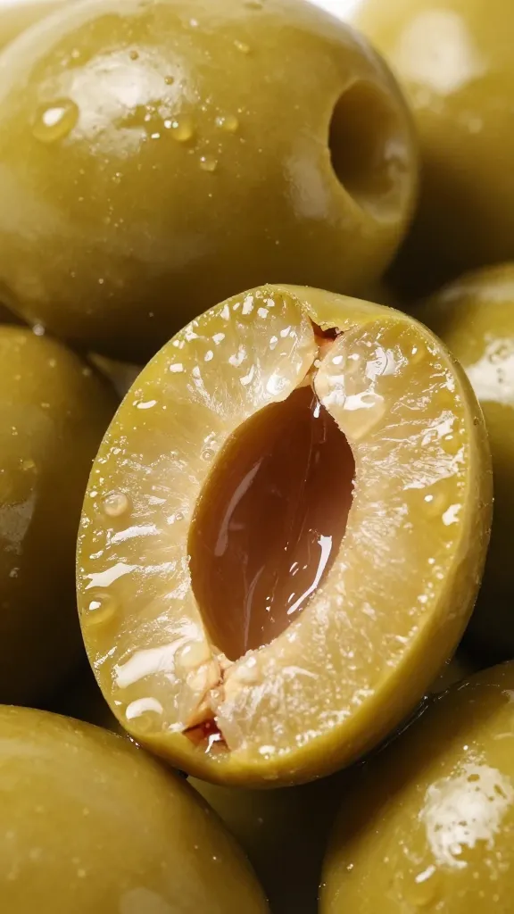 glossy kalamata olive closeup, pitted and halved