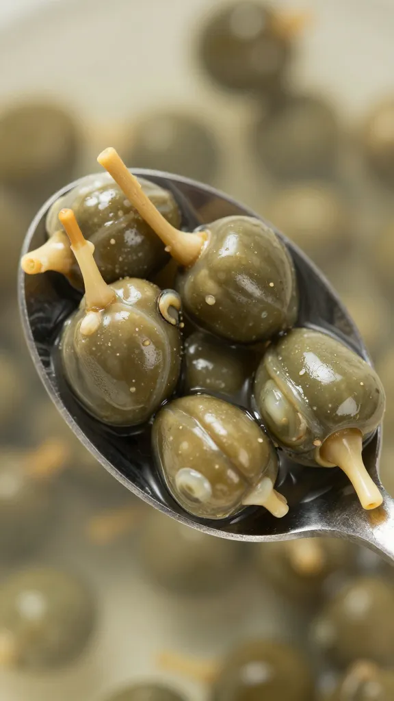 capers in brine spoon closeup, macro texture