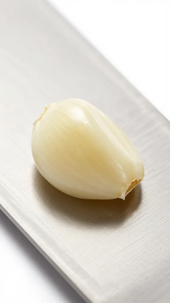 minced garlic clove closeup on chef’s knife blade
