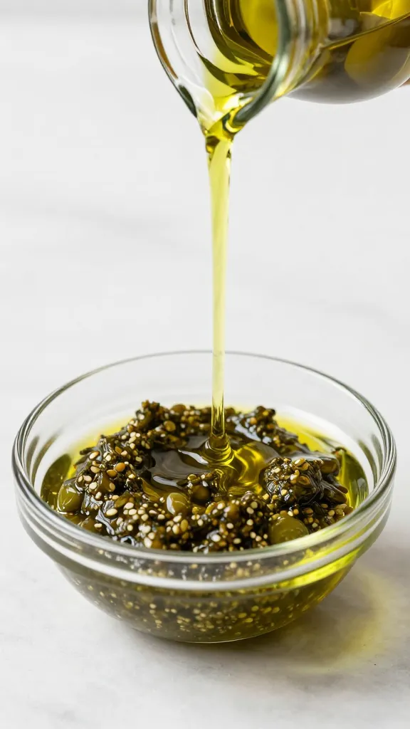 glass olive oil pour stream into tapenade bowl