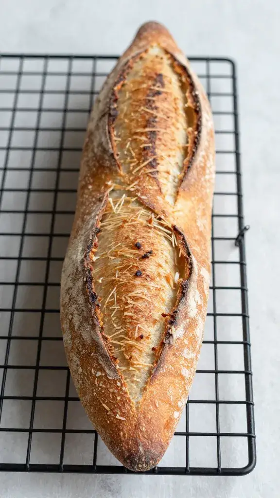 single crusty baguette slice on wire rack