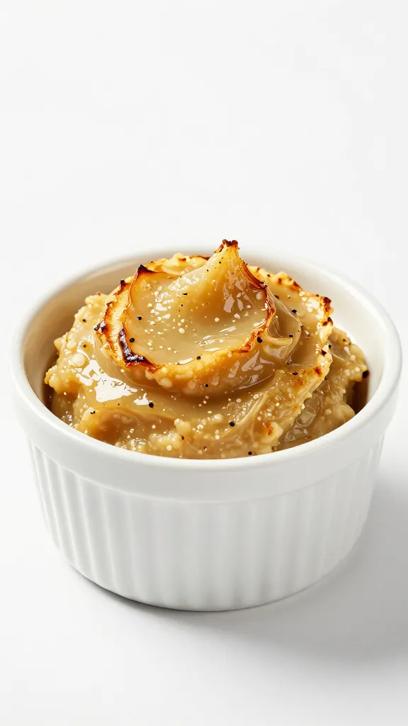 white ramekin of roasted garlic paste