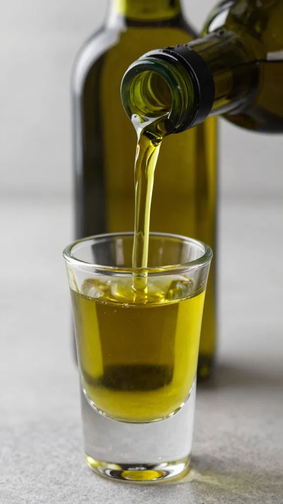 pour shot of olive oil from dark bottle