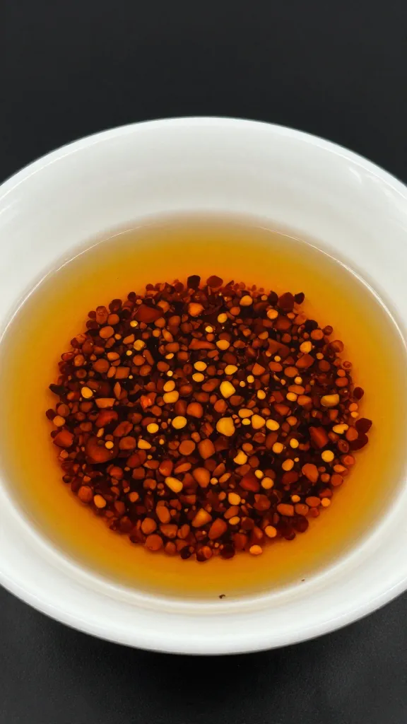 shallow dish of dipping oil with chili flakes