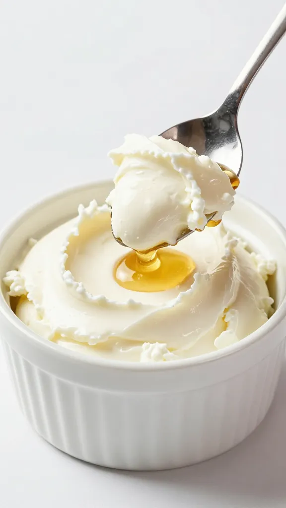 spoon scooping honey whipped goat cheese from ramekin