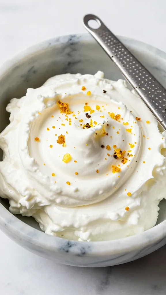 marble bowl of whipped goat cheese with microplane zest