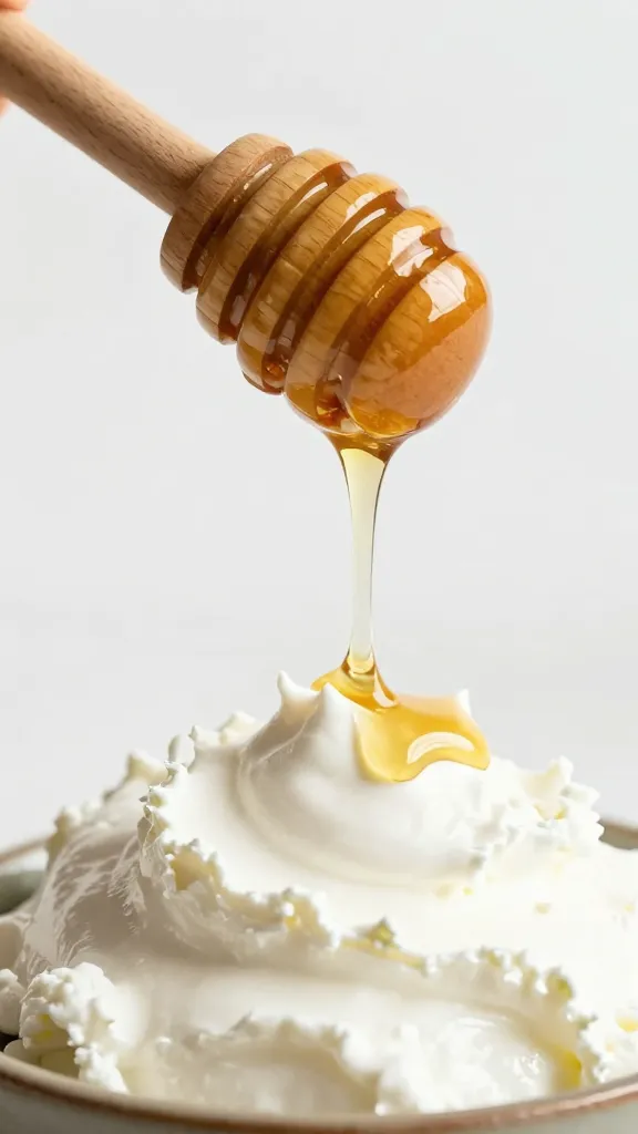 wooden honey dipper drizzling over whipped goat cheese