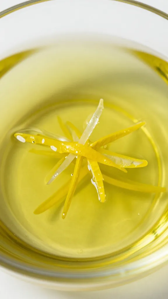 Closeup of lemon zest floating in olive oil bowl