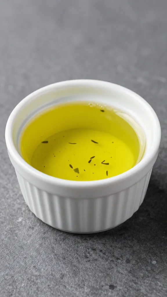Single white ramekin of lemon herb dipping oil