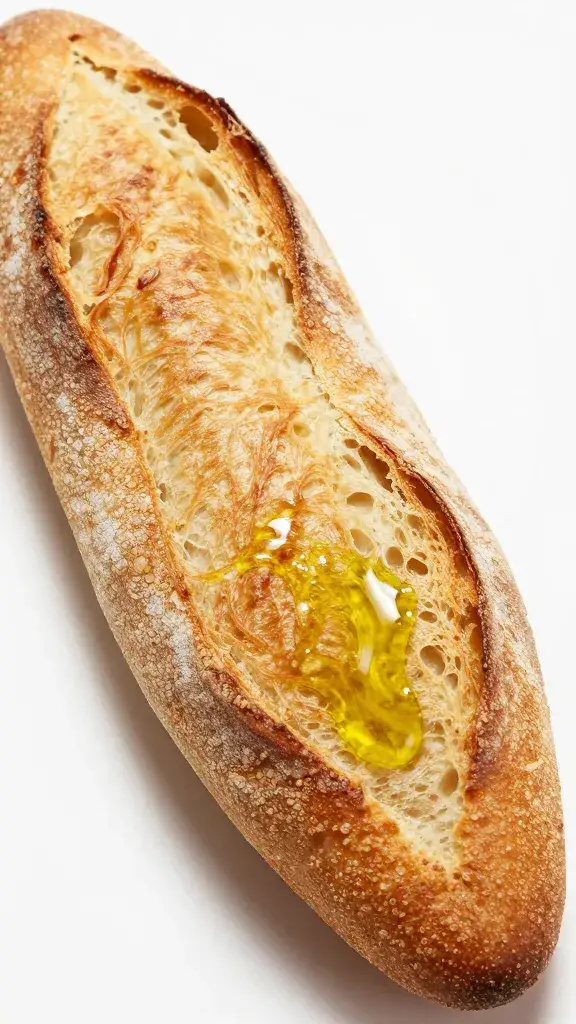 Crusty baguette end dipped in olive oil