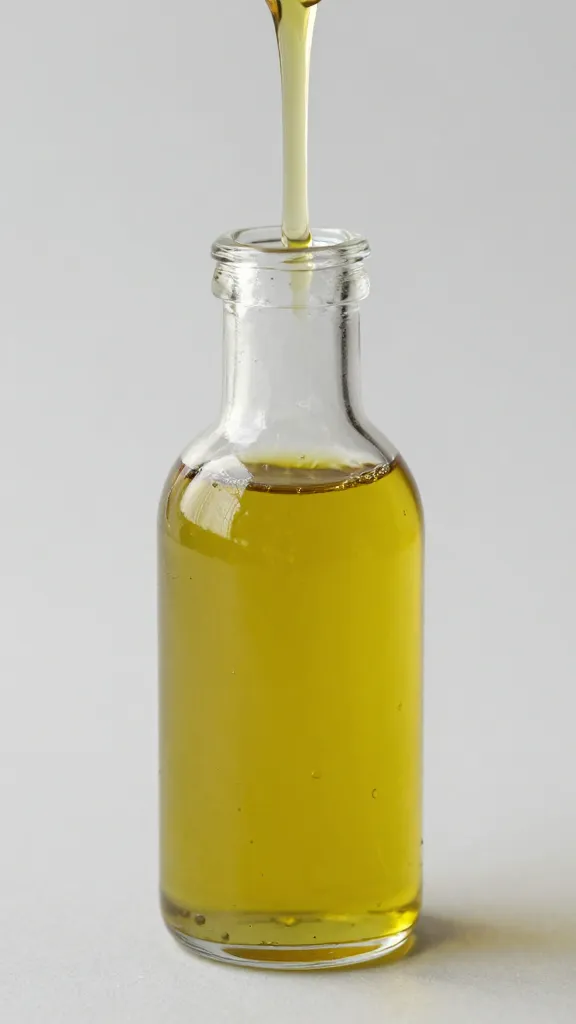 Small glass bottle of extra-virgin olive oil, drizzled lip