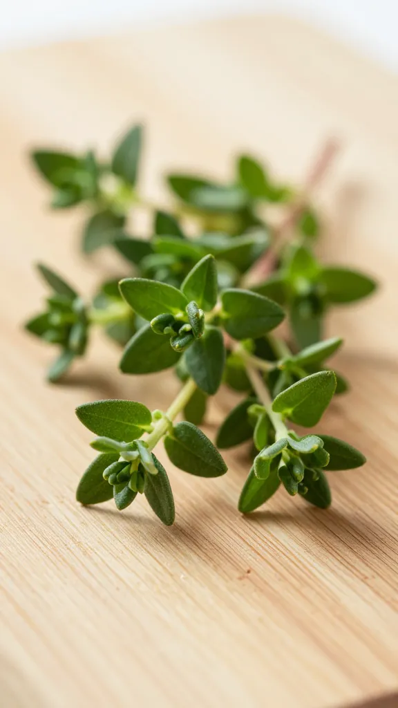 Sprig of fresh thyme on cutting board, macro detail