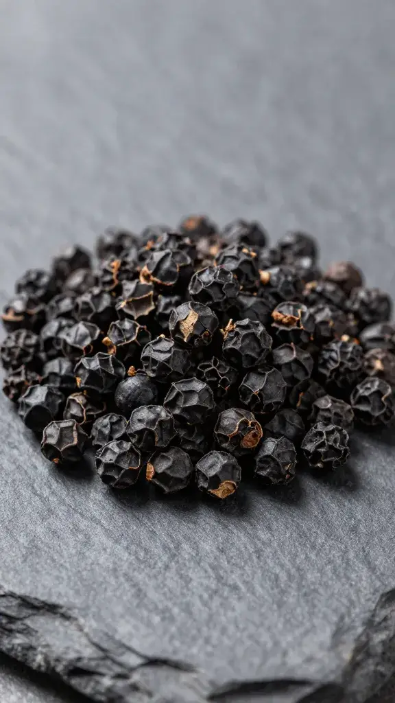 Cracked black pepper mound on slate surface, closeup