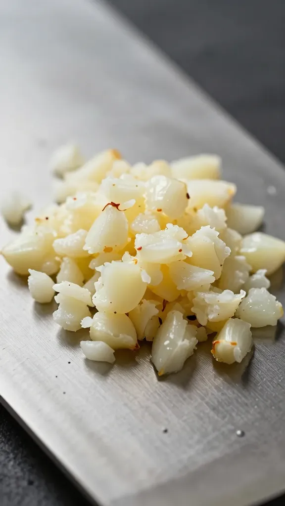 Minced garlic pile on chef’s knife blade, macro