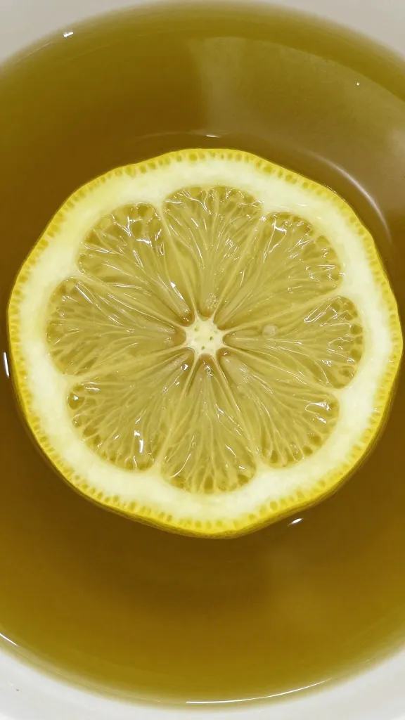 Lemon slice submerged in golden olive oil, top-down
